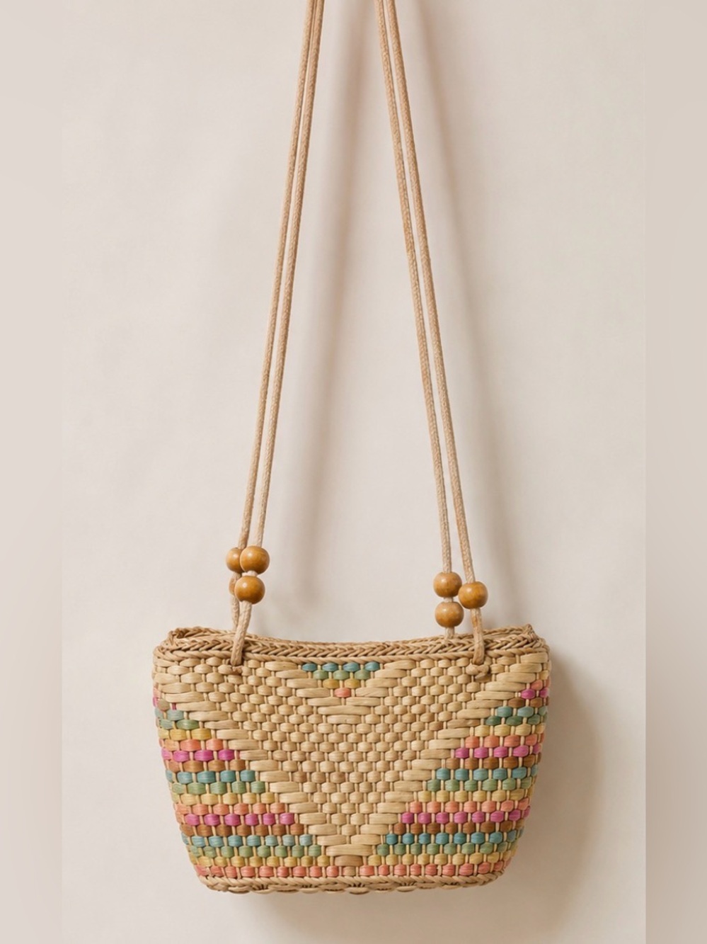 Vintage 70s Pastel Woven Straw Basket Shoulder Bag Boho Cottagecore